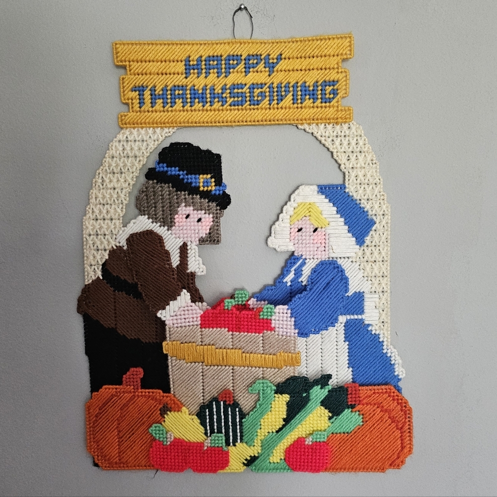Vintage Thanksgiving Needlepoint Wall Hanging Pilgrim Harvest Fall Decor 13 X 16